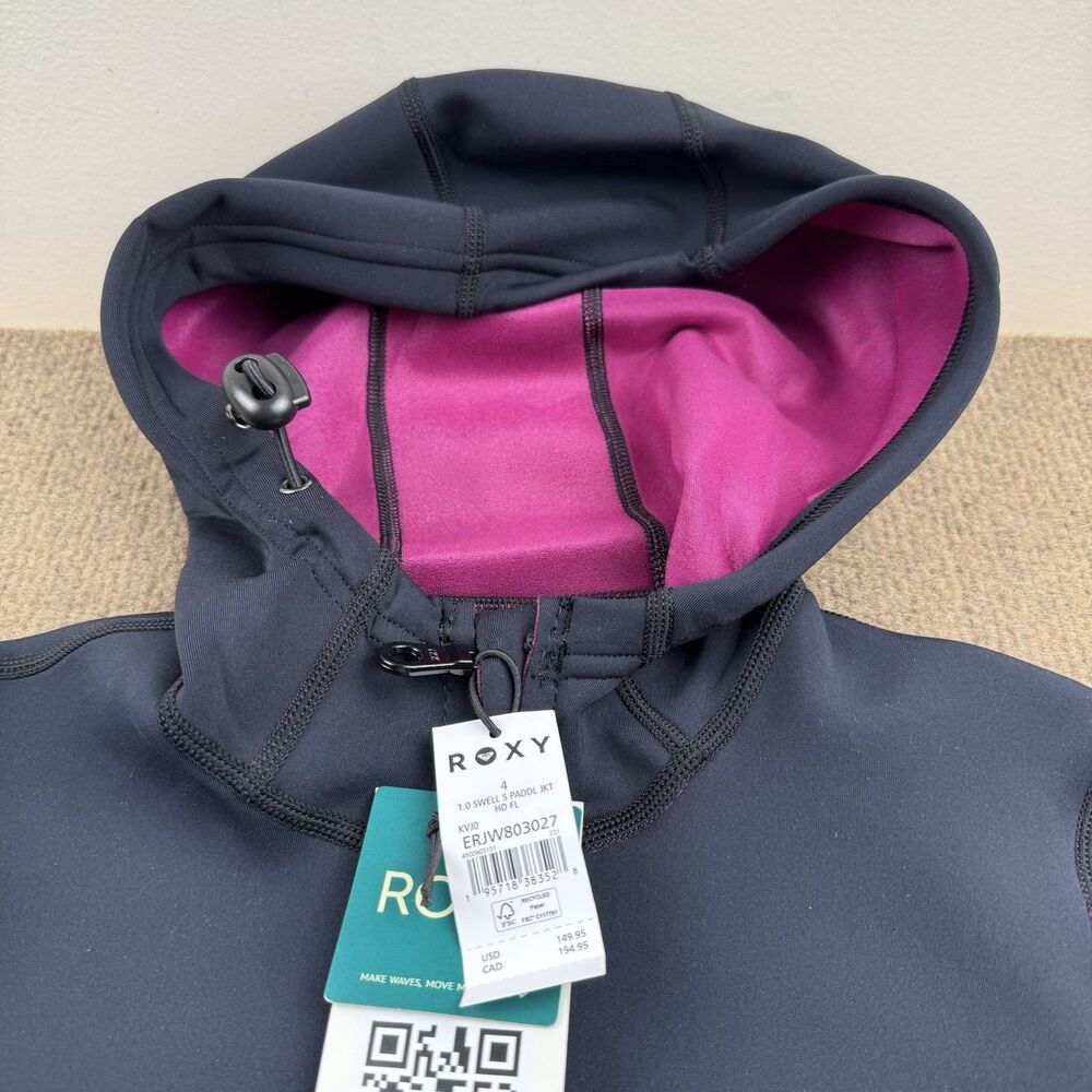 NWT Roxy Swell 1mm Hooded Wetsuit Paddle Jacket Women's Sz 4 Black/Print - Picture 4 of 13